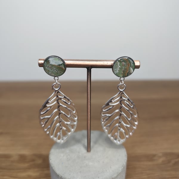 Green  stone marble leaf earrings