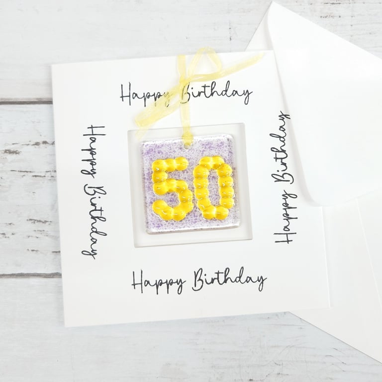 50th Birthday Card or Golden Anniversary Card; Fused Glass 50 Keepsake