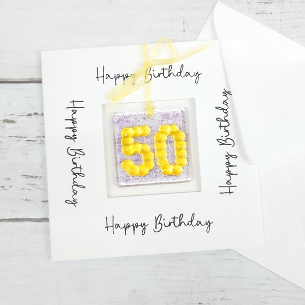 50th Birthday Card or Golden Anniversary Card; Fused Glass 50 Keepsake