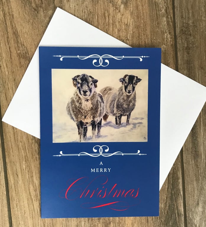 Large sheep in snow Christmas card by British artist