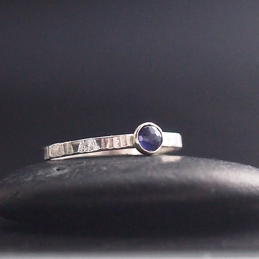 Textured Sterling Silver ring with rose cut Iolite