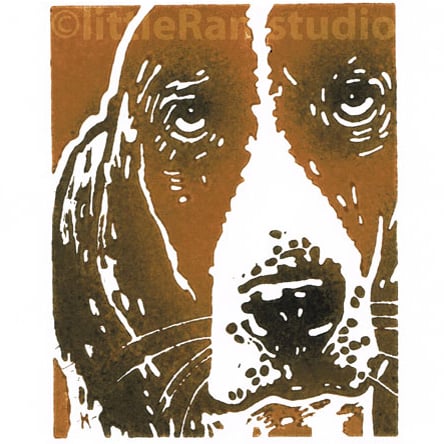 Dog - Basset Hound - printed in black & tan, Original Hand Pulled Linocut Print