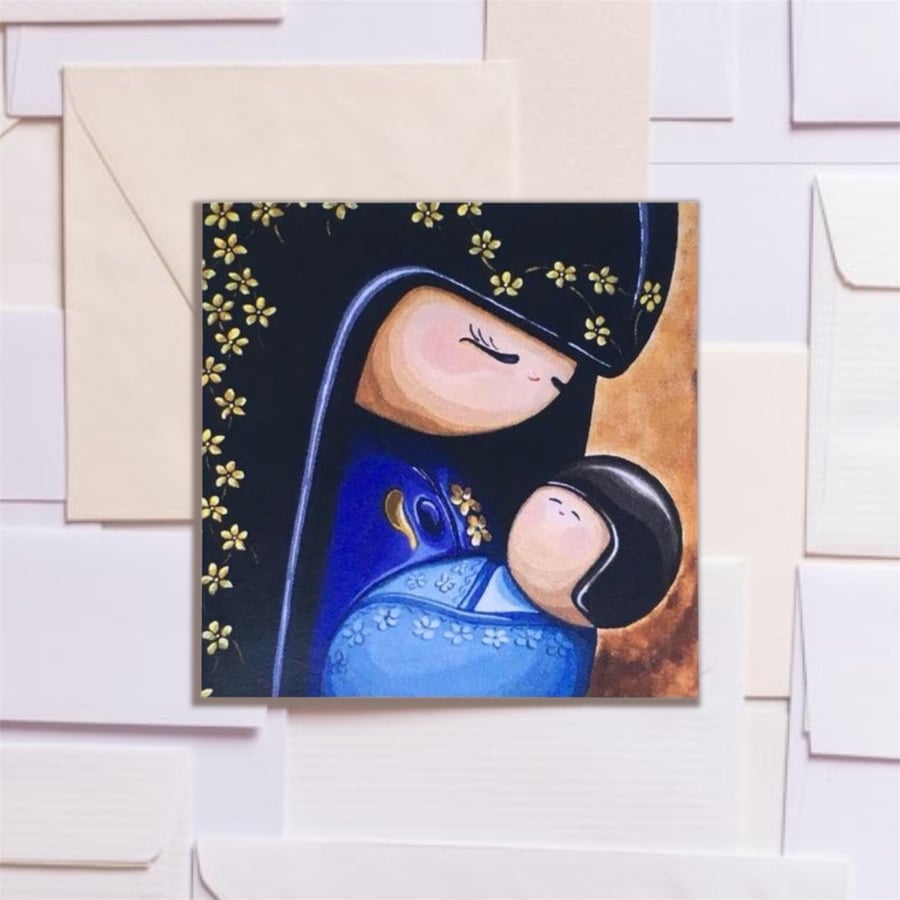 Mother and Baby Card, Japanese Kokeshi Doll Greetings Card