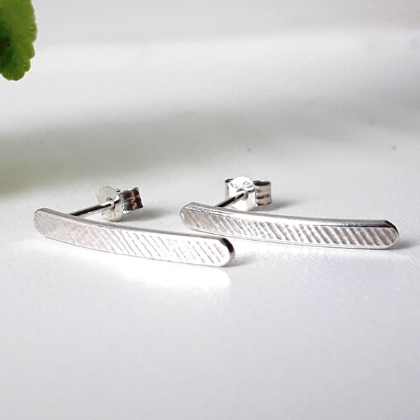 Textured bar curve stud earrings sterling silver