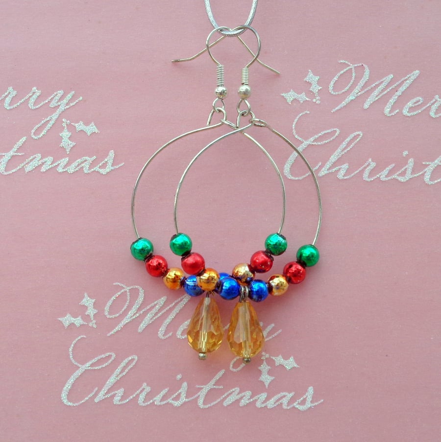 Christmas Brightly coloured baubles on hooped drop earrings with dangle