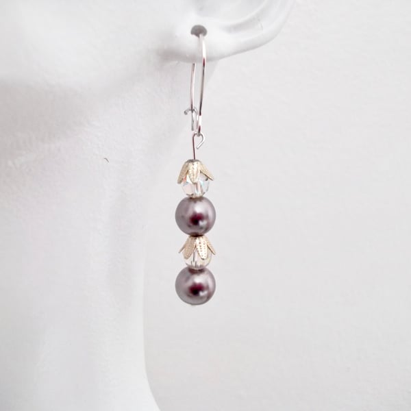 Vintage Dark Grey Pearl Drop Earrings, Vintage Czech Crystal Glass Beads