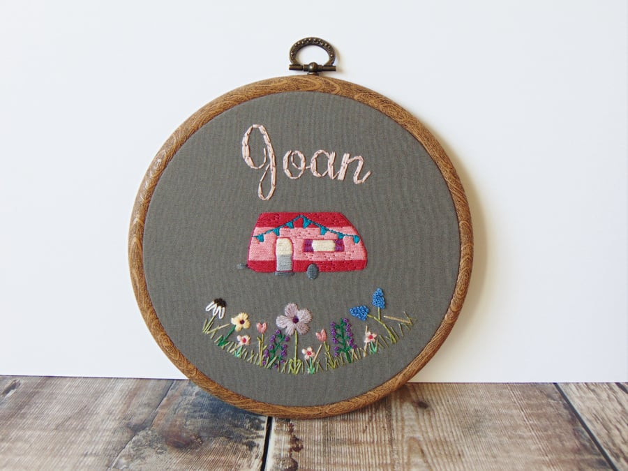 Personalised Caravan Gift, Friendship Gift, Hand Embroidered Hoop