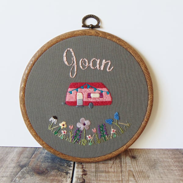 Personalised Caravan Gift, Friendship Gift, Hand Embroidered Hoop