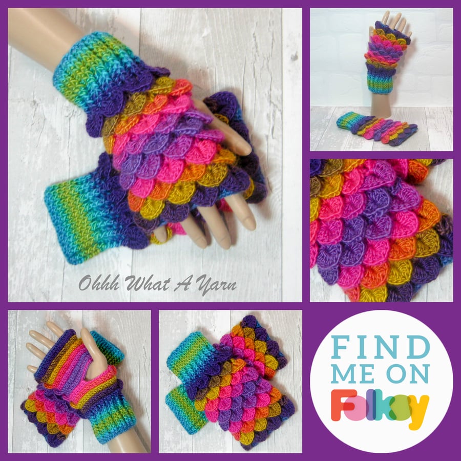 Bright rainbow dragon scale gloves. Fingerless gloves. Crocodile stitch. 