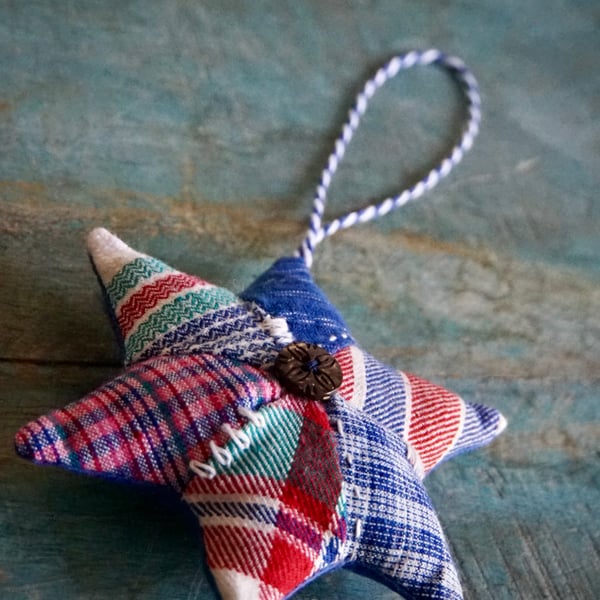 Vintage Fabric Star Ornament for Christmas Patchwork Stuffed Ornament