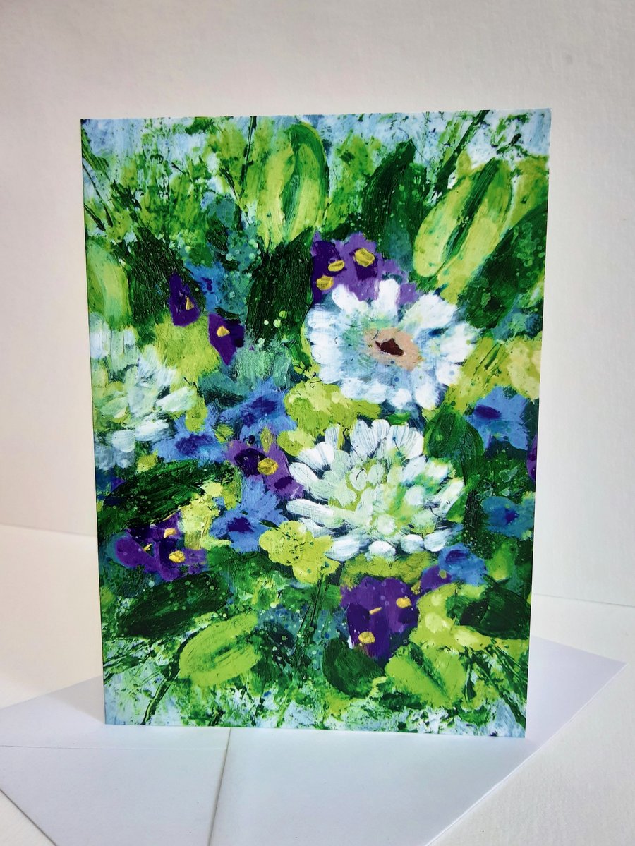 Green, blue & purple floral bouquet - greeting card