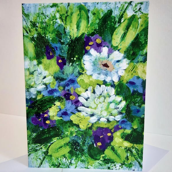 Green, blue & purple floral bouquet - greeting card