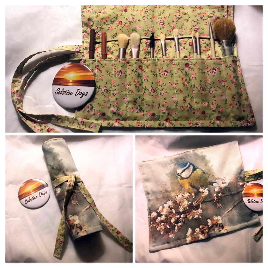 Linen Blue Tit Make Up Brush Roll, Floral Cotton Brush Storage Case