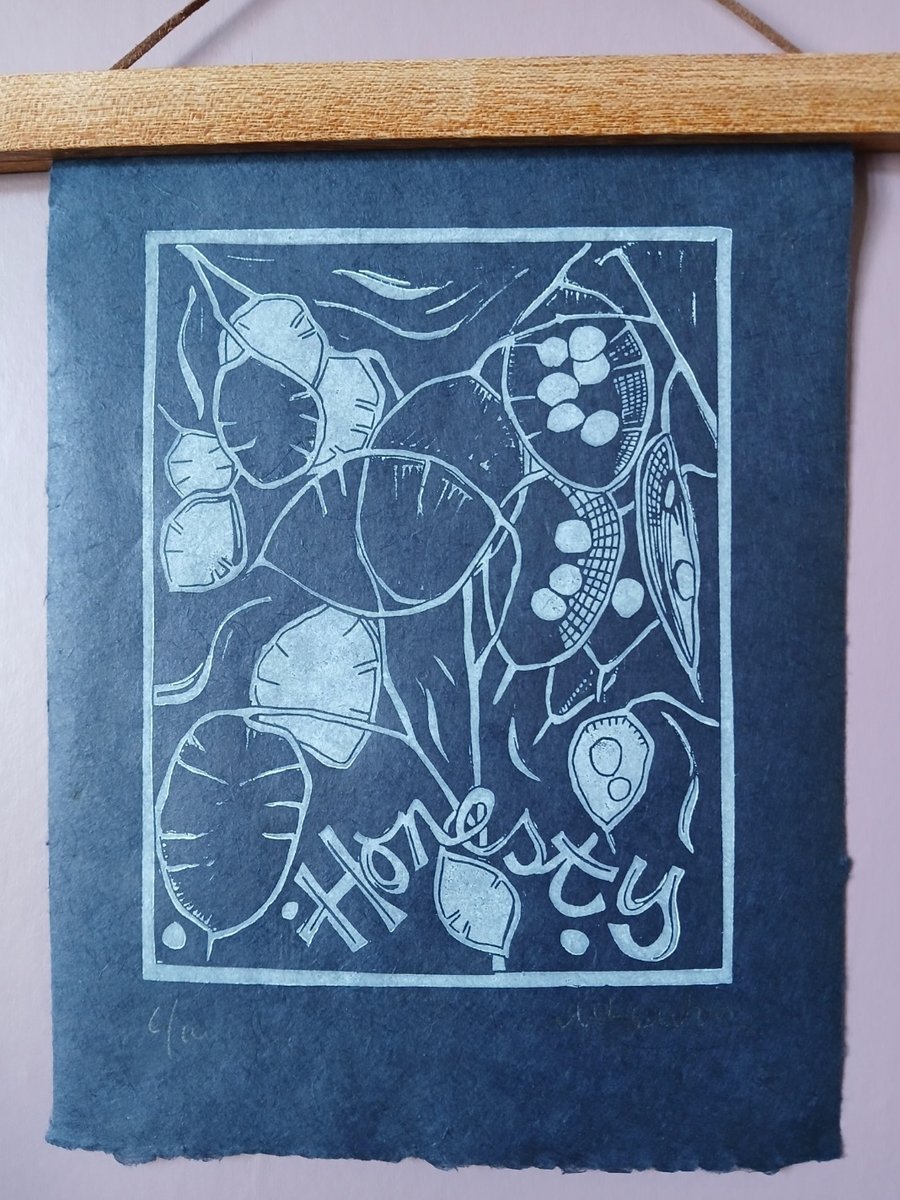 'Honesty', Lino Print in White on Plum Lokta Paper