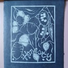 'Honesty', Lino Print in White on Plum Lokta Paper