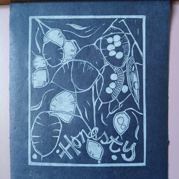 'Honesty', Lino Print in White on Plum Lokta Paper