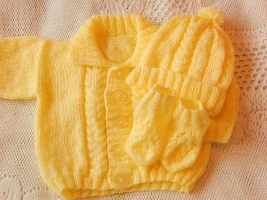 Hand Knitted Baby Jacket Hat and Bootees Set, Baby Shower Gift, New Baby Gift