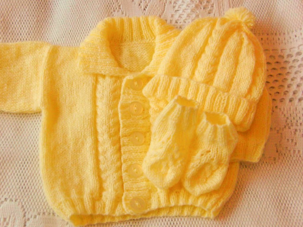 Hand Knitted Baby Jacket Hat and Bootees Set, Baby Shower Gift, New Baby Gift