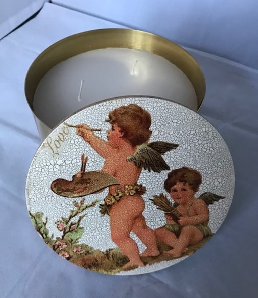 Decorated Three-Wick Candle Pot Cherubs Love Romance Gold Decoupage Unusual