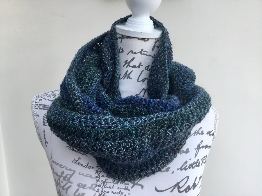 Stormy Sea! Blue Green Crocheted Infinity Scarf in Denys Brunton Designer Yarn!