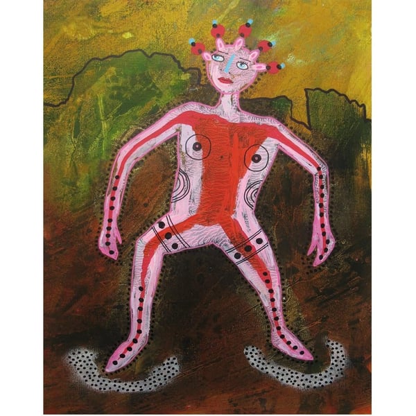 Original Figurative Painting Illustration Primitive Outsider Folk Art Figure