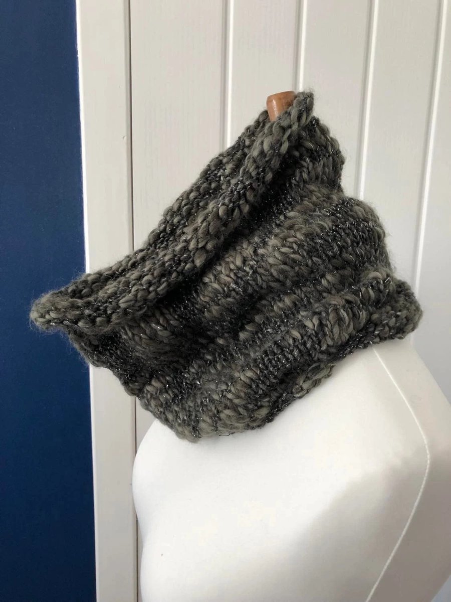 Tweed Khaki Grey mix slubbed cowl 30cms wide x 60cms around 