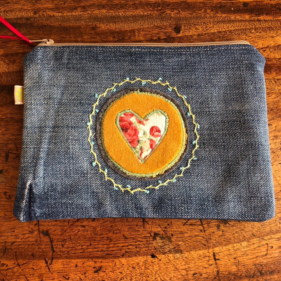 Heart embroidered recycled denim purse