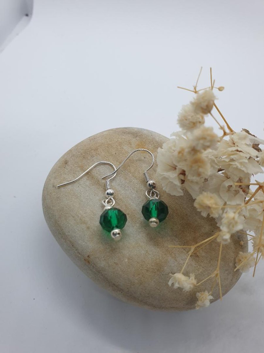 SALE Green glass beads with silver plated earrings beautiful faceted rondelle 