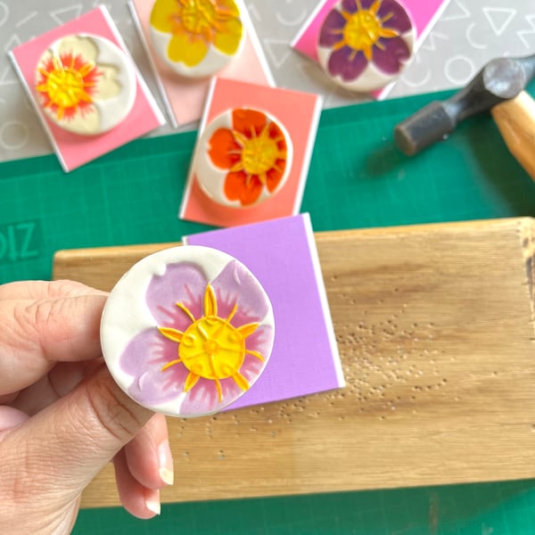 Handmade Ceramic Primrose brooch, Hand Made Pottery Badge