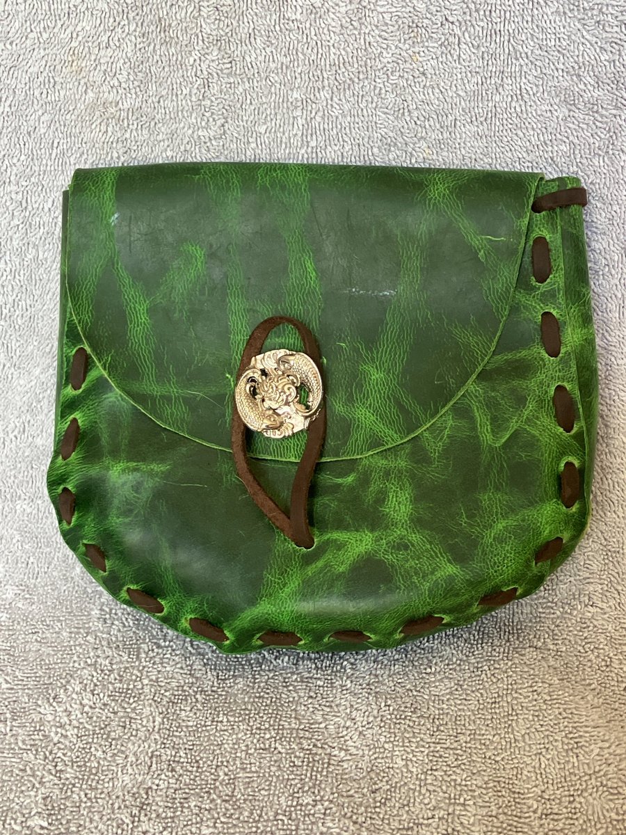 Medieval Style Forest Green Leather Pouch with Fish Themed Closure