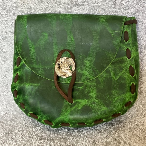 Medieval Style Forest Green Leather Pouch with Fish Themed Closure