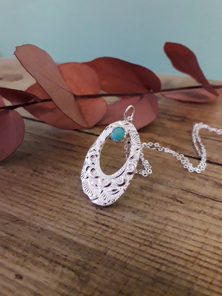 Mandala Pendant with Amazonite, Silver necklace, boho