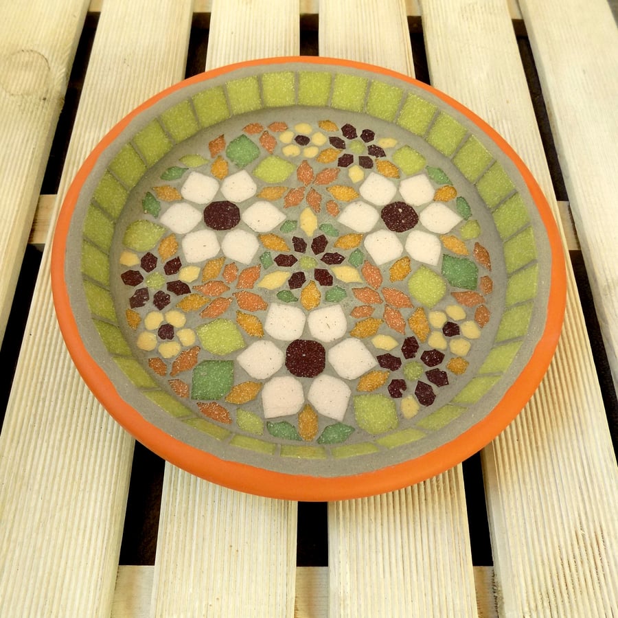 Green & Pink Clematis Garden Mosaic Bird Bath