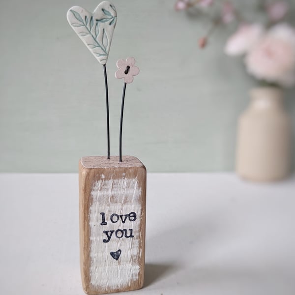 Clay Heart in a Stamped Wood Block 'love you'