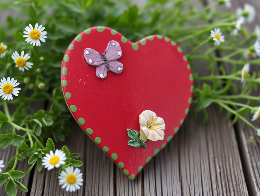 Hand Painted Red Heart Fridge Magnet with Purple Butterfly with Yellow Flower 