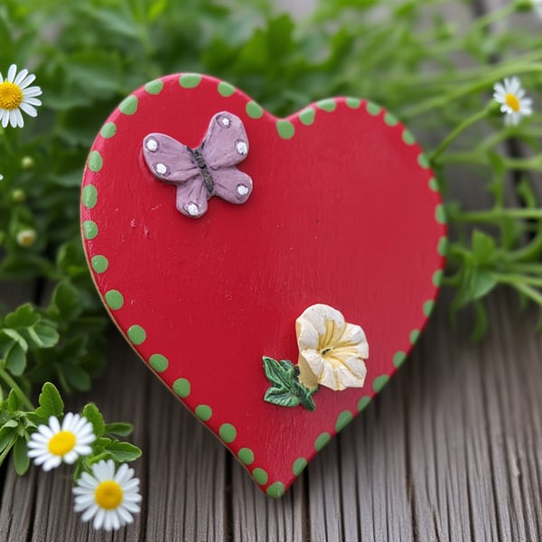 Hand Painted Red Heart Fridge Magnet with Purple Butterfly with Yellow Flower 