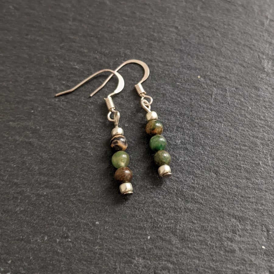 Moss Agate Sterling Silver Dangly Earrings - Natural Green Three Stone Gemstone 