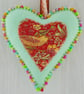 Liberty Felt Hanging Heart Beaded - Green & Strawberry Thief