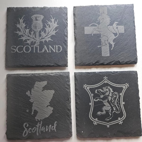 Set of 4 ScotlandScottish Slate Coasters, Rustic, Unicorn - Map - Thistle