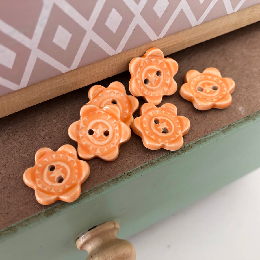 Set of six little handmade ceramic buttons orange