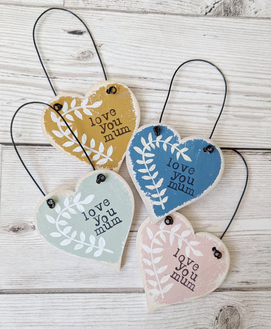 SALE Hand Painted Wooden Heart Hanging Decoration 'Love you mum'