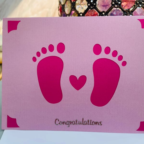 New baby cute footprints congratulations card for a little girl