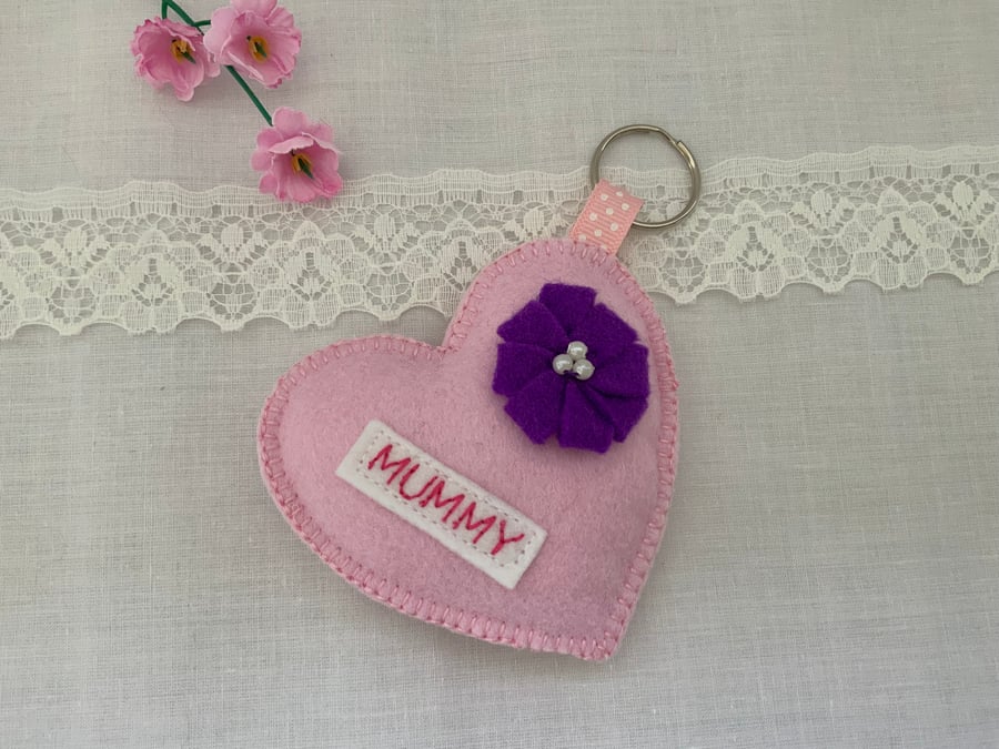 Personalised Felt Heart Keyrings, Handmade Mothers Day Gift, Mum Keyring