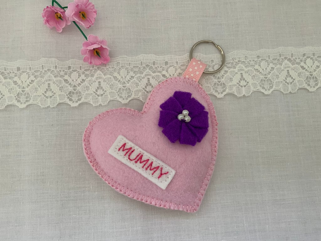 Personalised Felt Heart Keyrings, Handmade Mothers Day Gift, Mum Keyring