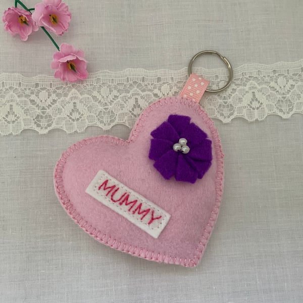 Personalised Felt Heart Keyrings, Handmade Mothers Day Gift, Mum Keyring
