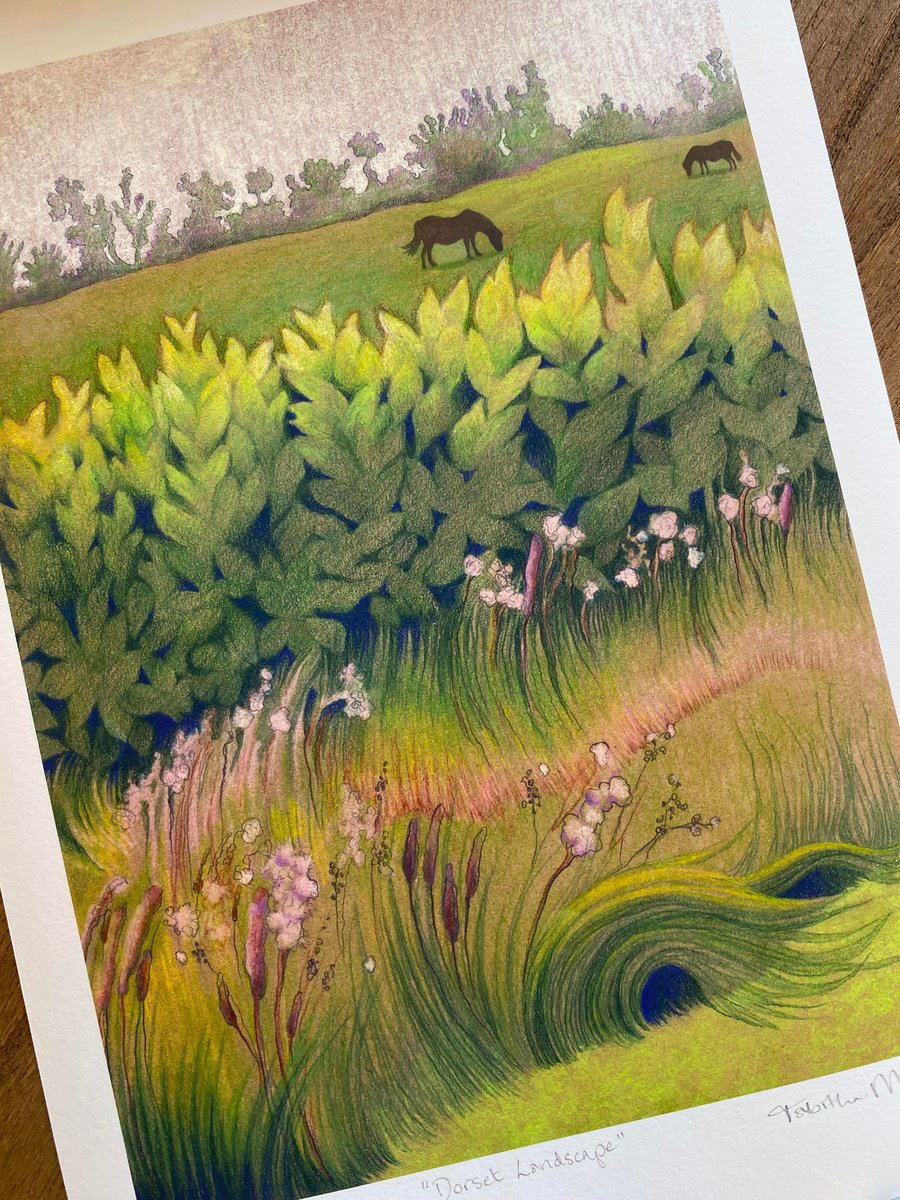 Dorset landscape Art Print - miniature Horses, Thomas Hardy country, pastel