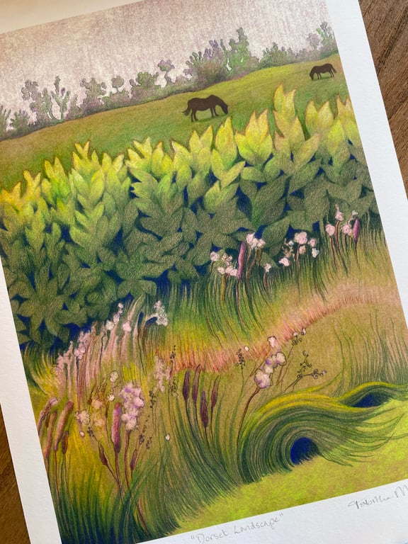 Dorset landscape Art Print - miniature Horses, Thomas Hardy country, pastel