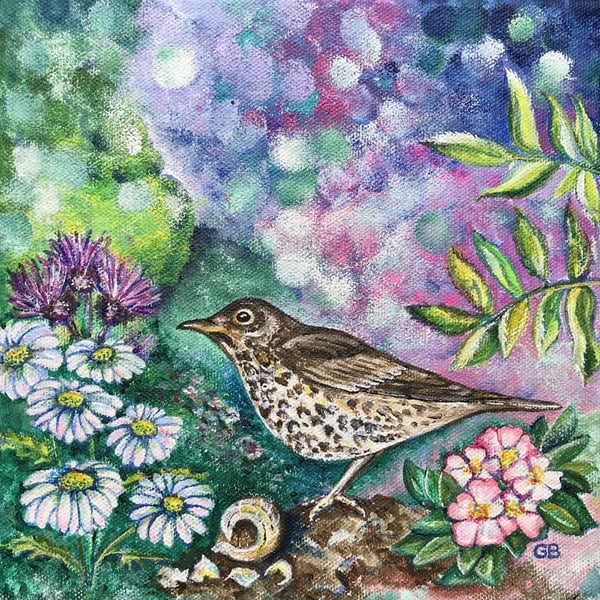 Thrush Painting, Original Painting, Garden Painting, Small Painting, Nature.