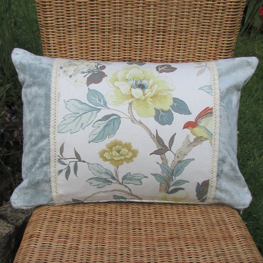 SALE - Duck-egg blue cushion with vintage style floral panel