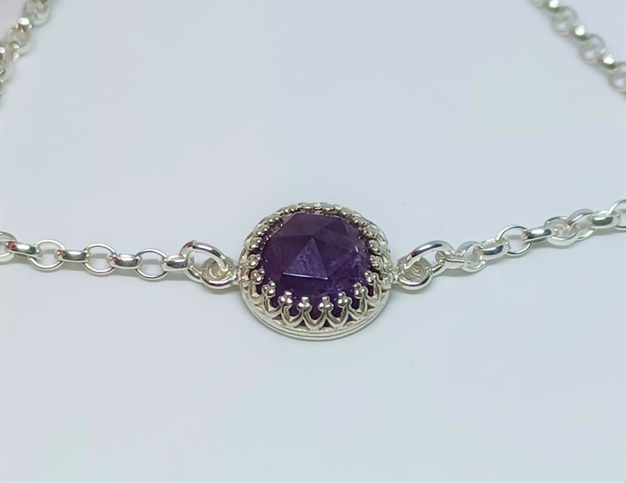 Purple Rose Cut Amethyst Cabochon Sterling Silver Gemstone Stacking Bracelet